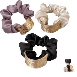 LeTradeJP Scrunchie Silk Hair Rubber Set of 3 Adults, Metal Plate, Silk Rubber, Stylish, Volume, Women's, Anti-Static, Hair Ornament, Mature Gift