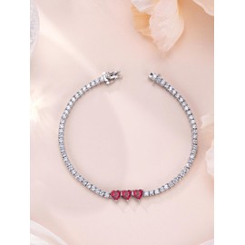 Leva Jewkis Sterling Silver Tennis Bracelet, Created Ruby Bracelet July Birthstone Bracelets for Women, Heart Charm Bracelet Anniversary Birthday Jewellery Gifts for Women Mum, 18CM