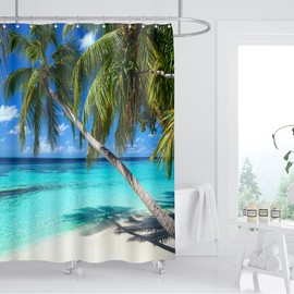 ZXMBF Ocean Shower Curtain Palm Trees Beach Summer Seaside Tropical Island Coastal Landscape Waterproof Polyester Fabric Home Bathroomdecor 12PCS Plastic Hooks, SH-104, 60L*72W inches