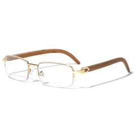 Dweebzilla Debonair Slim Rim Rectangular Metal & Faux Wood Buffs Clear Lens Sunglasses - Semi Rimless Eyeglasses Frames (Rose Gold & Light Brown Wood)