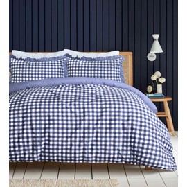 Sleepdown Gingham Check Blue Plain Reverse Soft Easy Care Duvet Cover Quilt Bedding Set With Ruffle Edge Pillowcase - Single (135cm x 200cm)
