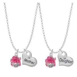 Delight Jewelry Hot Pink Hibiscus Flowers Spinner Mother & Daughter Heart Necklaces (Set of 2), 19"+2"