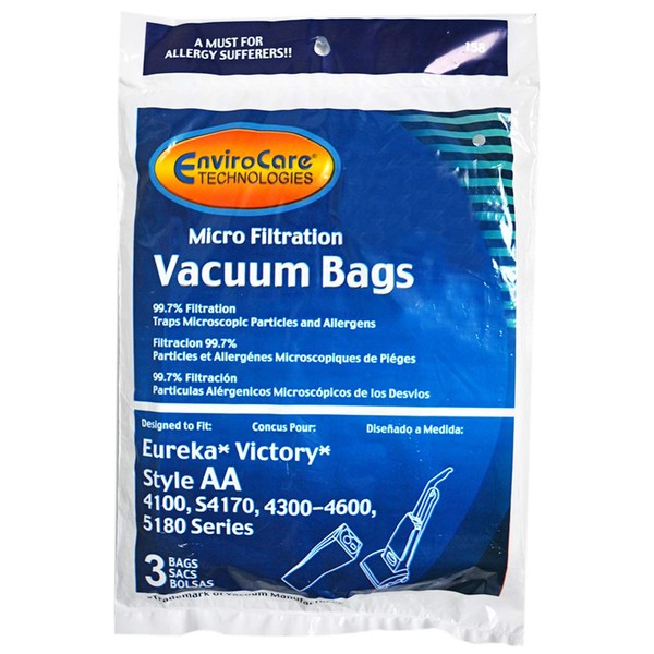 EnviroCare Replacement Micro Filtration Vacuum Cleaner Dust Bags Made to fit Eureka Style AA Victory and True HEPA Uprights 3 Pack