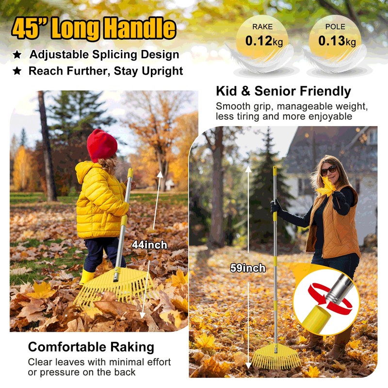 Leaf Rake,Unbreakable Nylon Graden Rake for Lawn,16.5” Wide,45” Long Handle,Yard