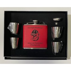 Georgia Bulldogs 2021-22 National Champions Red Flask w/ 4 shot glasses and funnel in presentation box