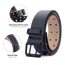 MINGSUN Double Grommet Belt PU Leather Belt - Studded Belt Women Men Punk Waist Belt Black Hole Belt Goth Belt, Rainbow, XL-XXL