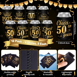 50th Birthday Can Cooler Sleeves for Soda, Beer, Beverages, 12 Pack Neoprene Can Sleeves, 50th Birthday Party Decorations and Party Favors for Women, Men, Black & Gold, 4 Design