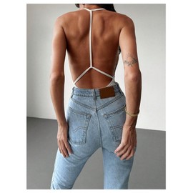 SweatyRocks Women's Backless Halter Bodysuit Sleeveless Spaghetti Strap Cami Body Suits White Large