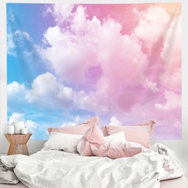 Hjokiupt Pastel Pink Cloud Tapestry, Cute Fantasy Sky Abstract Smoky Clouds Foggy Wall Art Tapestreis, Natural Landscape Tapestry Wall Hanging for Teen Girls Bedroom Living Room Home Decor, 60x40