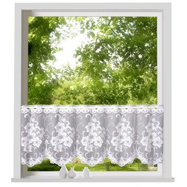 heimtexland ® Net Curtain Jacquard Flowers Bow Border Curtain White Window Decoration Bistro Curtain Type 261 H x W 50 x 180 cm