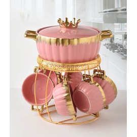 TFE's Fancy Ceramic Soup Tureen Bowl Gift Set with 6 Soup Bowls/Cups with Handles, Gold Stand & Lid, Hotpot Style Home Decor Kitchen Utensils Set for Ramen Pasta Gravy (Pink and Gold)