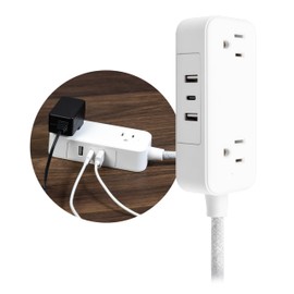 GE Flat Plug Power Strip Extension Cord with USB Ports, Travel Power Strip with 2 Outlets 3 USB Ports, Cruise Ship Essentials, 6 Ft Braided Small Extension Cord Flat Wall Plug, ETL Listed White, 81597