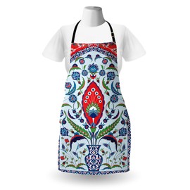 Ambesonne Turkish Pattern Apron, Floral Nature Art Motifs from Istanbul Abstract Plant in a Vase, Unisex Kitchen Bib Apron with Adjustable Neck for Cooking Baking Gardening, Blue Green Scarlet