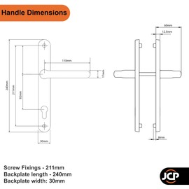 JCP UPVC Door Handle Pair Set Sprung 92 PZ 92mm, Backplate 240mm X 30mm (211mm Screw Centres, White)