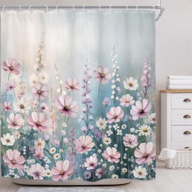 Riyidecor Watercolor Pink Floral Shower Curtain for Bathroom Decor 60Wx72H Boho Flower Colorful Plants Nature Spring Romantic Girl Women Art Printed Fabric Polyester Waterproof 12 Pack Plastic Hooks
