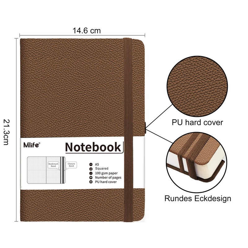 Mlife A5 Graph Paper Notebook,360 Pages Thickened Squared Notebook,Premium 100g/M²