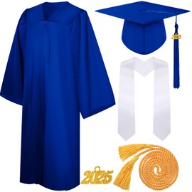 Syhood 4 Pieces 2025 Unisex Graduation Matte Gown Cap Tassel Stole Set Honor Cord for Graduation(Size 45,Blue,White)