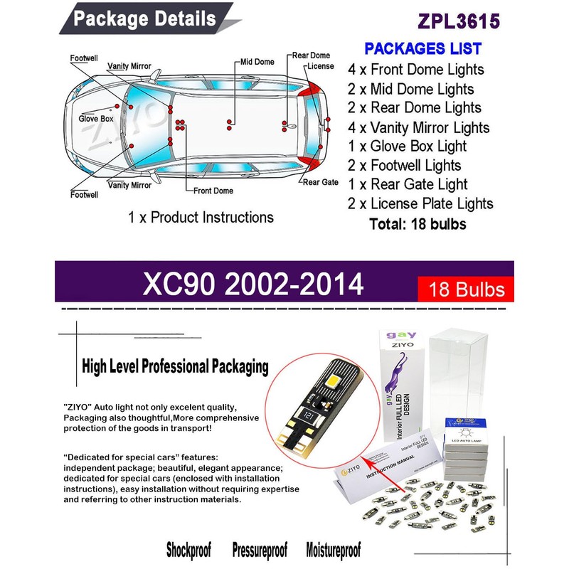 ZIYO ZPL3615 - (18 Bulbs) LED Interior Light Kit Replacement