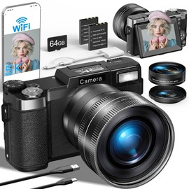 FLATIC 5K Digital Camera with WiFi, Cameras for Photography with 180°Flip Screen, Vlogging Camera with 64GB Card, Battery, Camera for Beginner, Teens