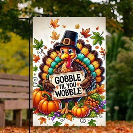 BlissYard Thanksgiving Garden Flag Outdoor Decorations for Outside Double-Sided Printed with Funny Turkey and "Gobble Til You Wobble" Sign 12x18 Inch Seasonal Outdoor Decor for Yard Farmhouse