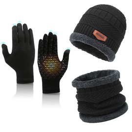 TUONYIS 3-in-1 Winter Hat Scarf Gloves Set, Warm Knitted Hat Touchscreen Glove and Neck Warmer, Winter Warm Beanie with Soft Fleece Lining, Outdoor Scarf, Non-Slip Gloves for Women, black