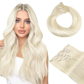 HOTBANANA Clip in Hair Extensions Real Human Hair, 5Pcs 70g 16 Inch Ivory Blonde Straight Remy Clip in Extensions