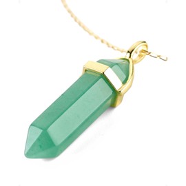 LAVISA Obelisk Gemstone Necklace Gold Pendant Real Crystal Chain Necklace Rose Quartz Amethyst Natural Stone, 55 + 5 cm, Stainless Steel