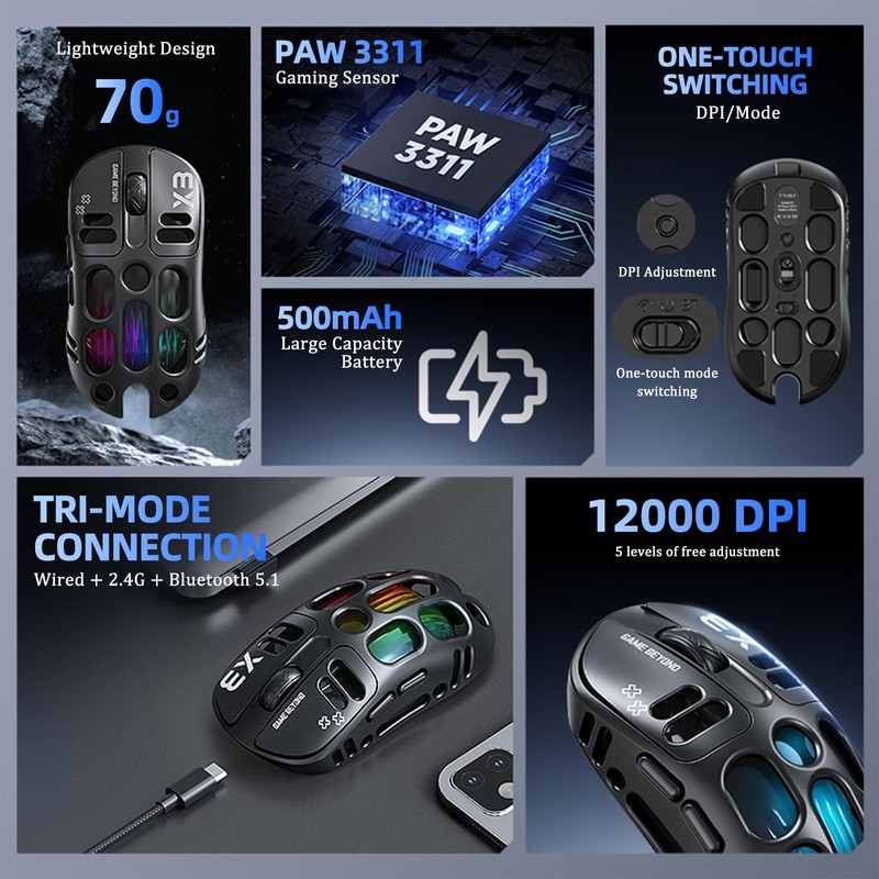 X3 Wireless Gaming Mouse with 70g Lightweight Hollowed Out Design