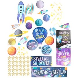 Outer Space Bulletin Board Set – 65 Pieces, Inspirational Space Theme with Rockets, Planets, Stars & Motivational Phrases for Classroom & Learning Spaces