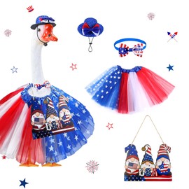 LOKPHRAU 4 Pcs Porch Goose 4th of July Outfits, Porch Goose Outfit Fits Large 23" H Statue, Patriotic Goose Costume Sequin Hat Bow Tie for Outdoor Garden Patio Lawn Garden Yard Statue Decoration