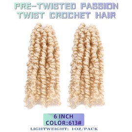 6 Inches 2 Packs Super Short Passion Twist Crochet Hair for Black Women and Kids- Blonde Off-white Pre Looped Pretwisted Crochet Hair,Soft Lightweight Hair Extension Braided by Synthetic Spring Kinky Twist Bohemian Curls(6"-2 Packs,613#)