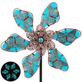 Metal Wind Spinners Outdoor, Glow in Dark Wind Sculptures with Metal Stake, 360° Kinetic Wind Mill for Garden Yard Lawn Patio Decor (Blue)
