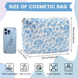 Long Keeper Large Cosmetic Bags Floral Aesthetic Makeup Bag for Women Cotton Travel Makeup Bag Flowers Toiletry Bag Organiser Wash Bag, White Blue Flower, Floral Cosmetic Bag