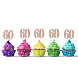 Sumerk 36PCS Rose Gold Glitter 60 Cupcake Toppers 60th Birthday Cupcake Picks Anniversary Birthday Party Decoration Supplies