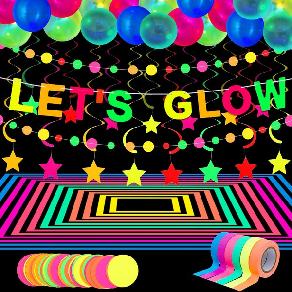 Glow Neon Party Accessories, 98.4 Feet, 6 Rolls UV Black Light Reactive Luminous Ribbon, 28.9 Feet 2 Neon Paper Garland, Let's Glow Banner 10 Star Hanging Swirls, 25 Fluorescent Balloons