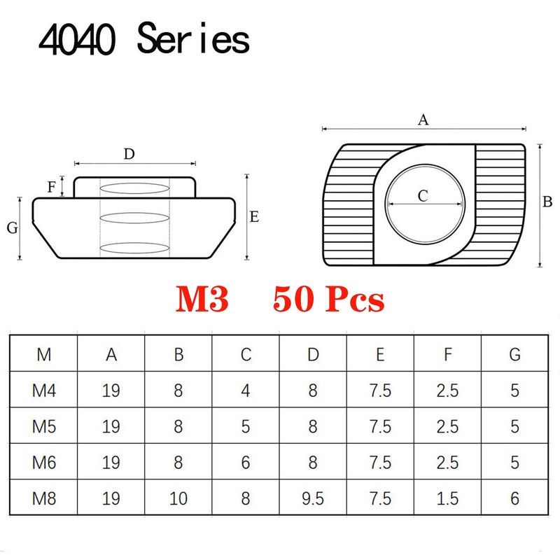 50pcs 4040 Series M3 Thread T Nuts Hammer Head Fastener