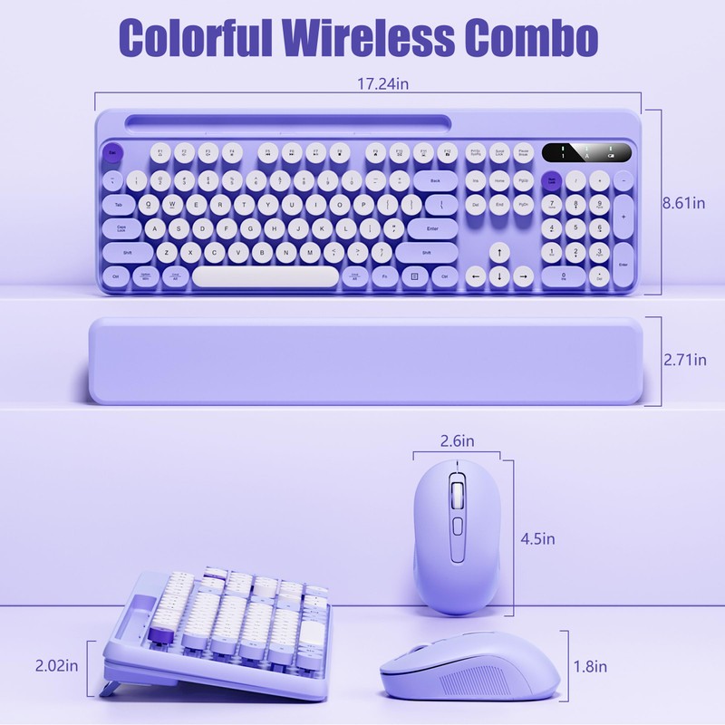 Hamile Wireless Keyboard and Mouse Combo, Retro Typewriter Style, Purple
