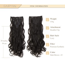 Gairyan 20inch Curly Brown Hair Extensions Clip in Long Hair Extension 7PCS Full Head Synthetic Wavy Hairpiece for Women (Dark Brown)