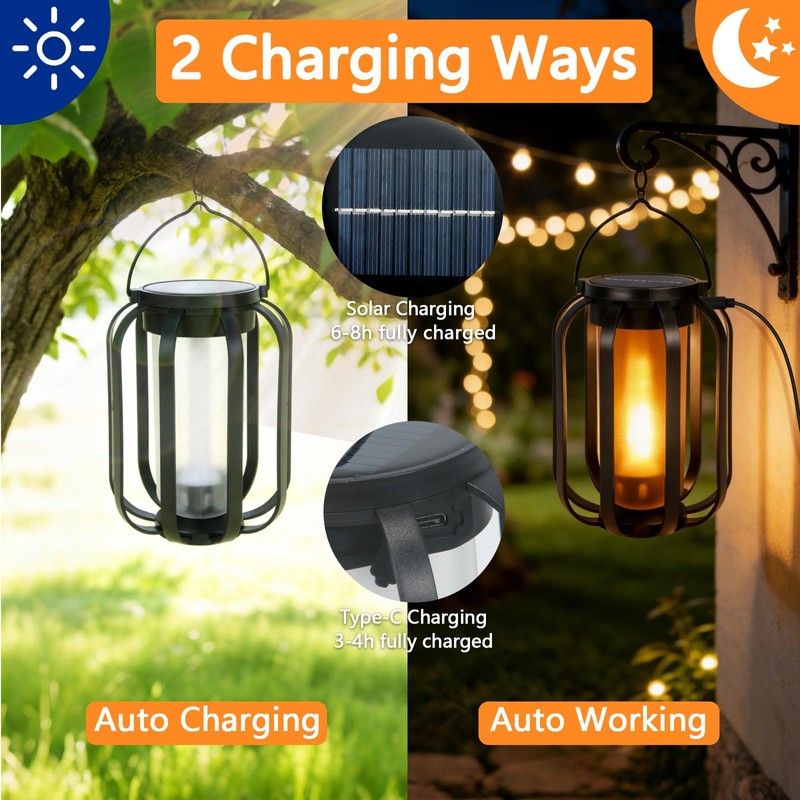 Solar Lanterns Outdoor Lights, 2 Pack Hanging Lantern with Flickering