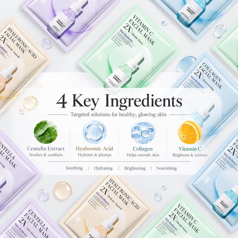 16 Pack Korean Sheet Face Mask Skin Care Set for