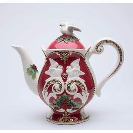 Fine Porcelain Christmas Fantasia White Doves with Holly Berry Design Teapot, 9-1/2" L