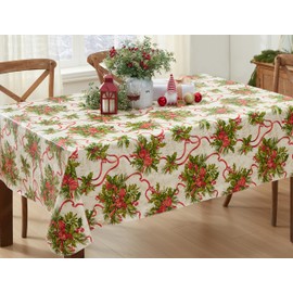 Newbridge Christmas Holly Traditions Vinyl Tablecloth with Flannel Backing, Red Holly Berry and Ribbons Holiday Easy Care Wipe Clean Tablecloth, 60” x 120” Oblong/Rectangle