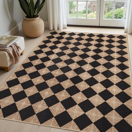 Dadasgk 5x7 Checkered Easy Jute Rug – Washable Non-Slip Indoor Outdoor Carpet, Black Textured Diamond Pattern, Neutral Area Rug for Living Room, Bedroom, Dining Room, Patio, Farmhouse Style