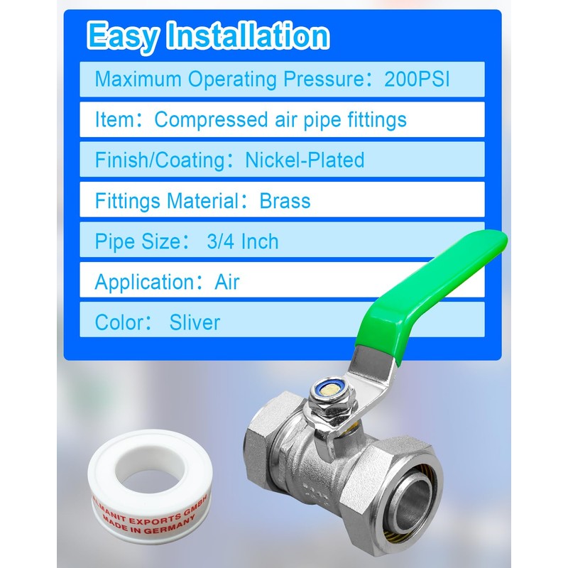 3/4’’ Brass Ball Valve Air Piping Fittings, Shut-Off Fittings Fit