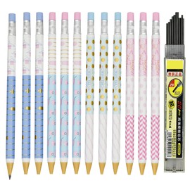 Lopenle 12 Pieces 2.0mm Mechanical Pencils 2B Hexagonal Pencil Polk Dots Pattern Pencil With 12 pcs Refills Sharpeners for Art Drawing Writing Sketching At School Office