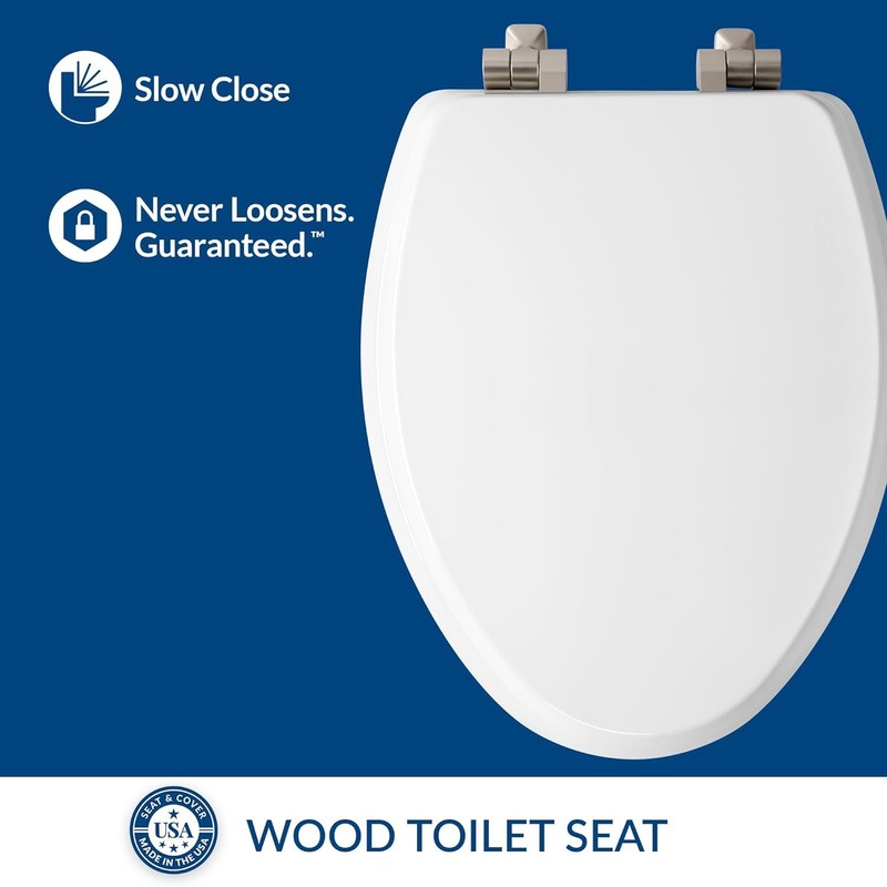 Mayfair Bennett Toilet Seat with Brushed Nickel Hinges, Slow Close