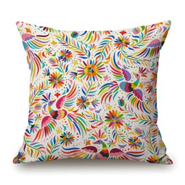 Mexican Floral Throw Pillow Cover Farmhouse Decorative Cotton Linen Pillow Cover Ethnic Art Birds and Paisley Flowers Square Cushion Covers Sofa Bed Décor 18X18 inch
