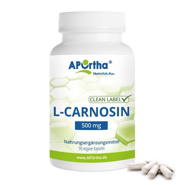APOrtha® L-Carnosine 500 mg Capsules, 90 Vegan Capsules, 100% Pure L-Carnosine without Additives, 500 mg L-Carnosine per Capsule, 90 Capsules for 3 Months, Vegan, Gluten-Free, Lactose-Free,