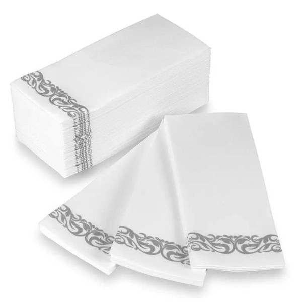 Cloth Like Dinner Napkins with Silver Border Design Disposable -