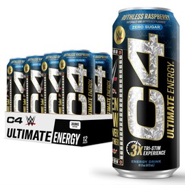 Cellucor C4 Ultimate x WWE | Pre Workout Sugar Free Energy Drink | Tri-Stim Experience with 300mg Caffeine + TeaCrine + Dynamine | Ruthless Raspberry | 16oz (Pack of 12)